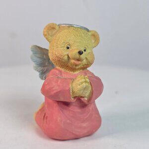 Vintage 1995 Ceramic Angel Bear Figurine With Wings & Halo Praying In Pink Robe
